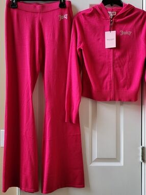 Juicy Couture Vixen Pink Knit Tracksuit Hoodie/Sweater & Pants Set size M NWT